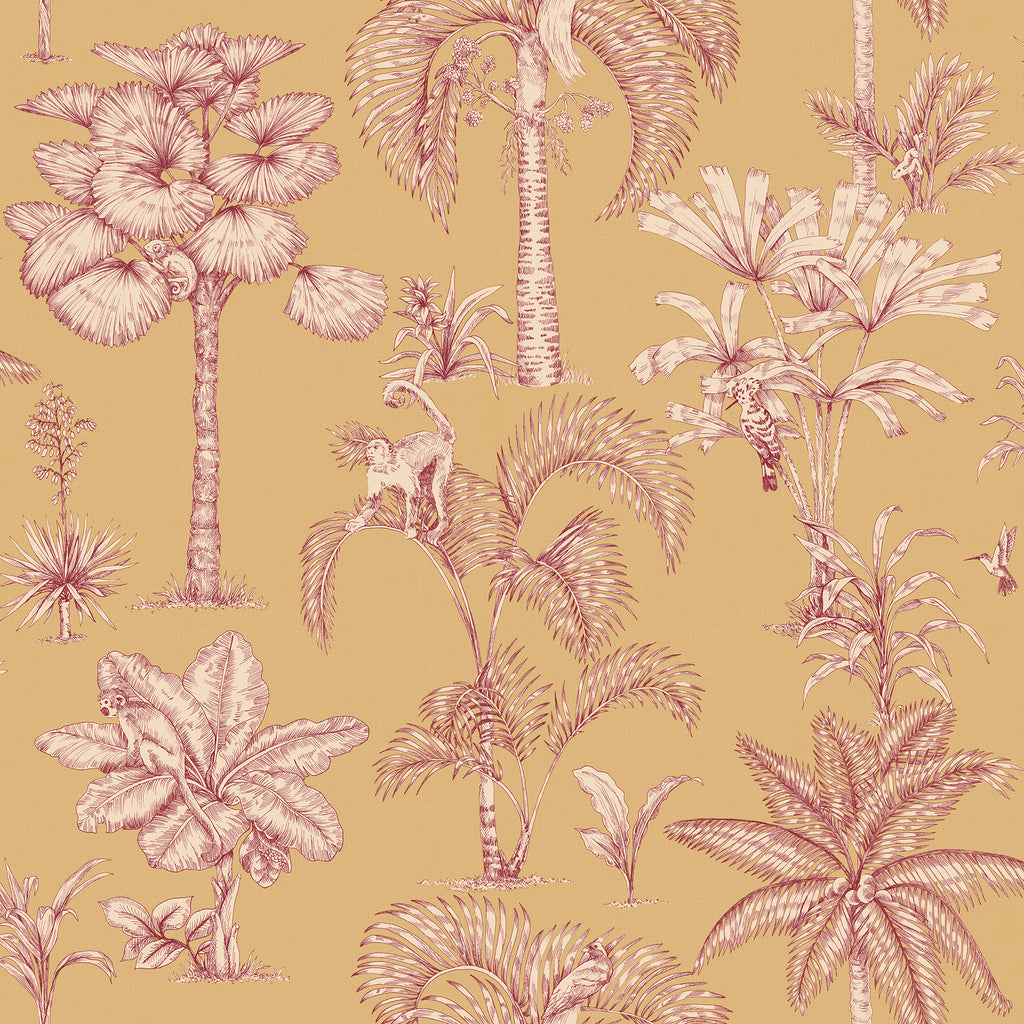 Adele wallpaper by Sandberg, toile-style tropical palms and monkeys in pink on a golden ochre ground, flat swatch