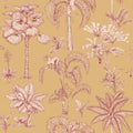 Adele wallpaper by Sandberg, toile-style tropical palms and monkeys in pink on a golden ochre ground, flat swatch