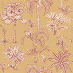Adele wallpaper by Sandberg, toile-style tropical palms and monkeys in pink on a golden ochre ground, flat swatch