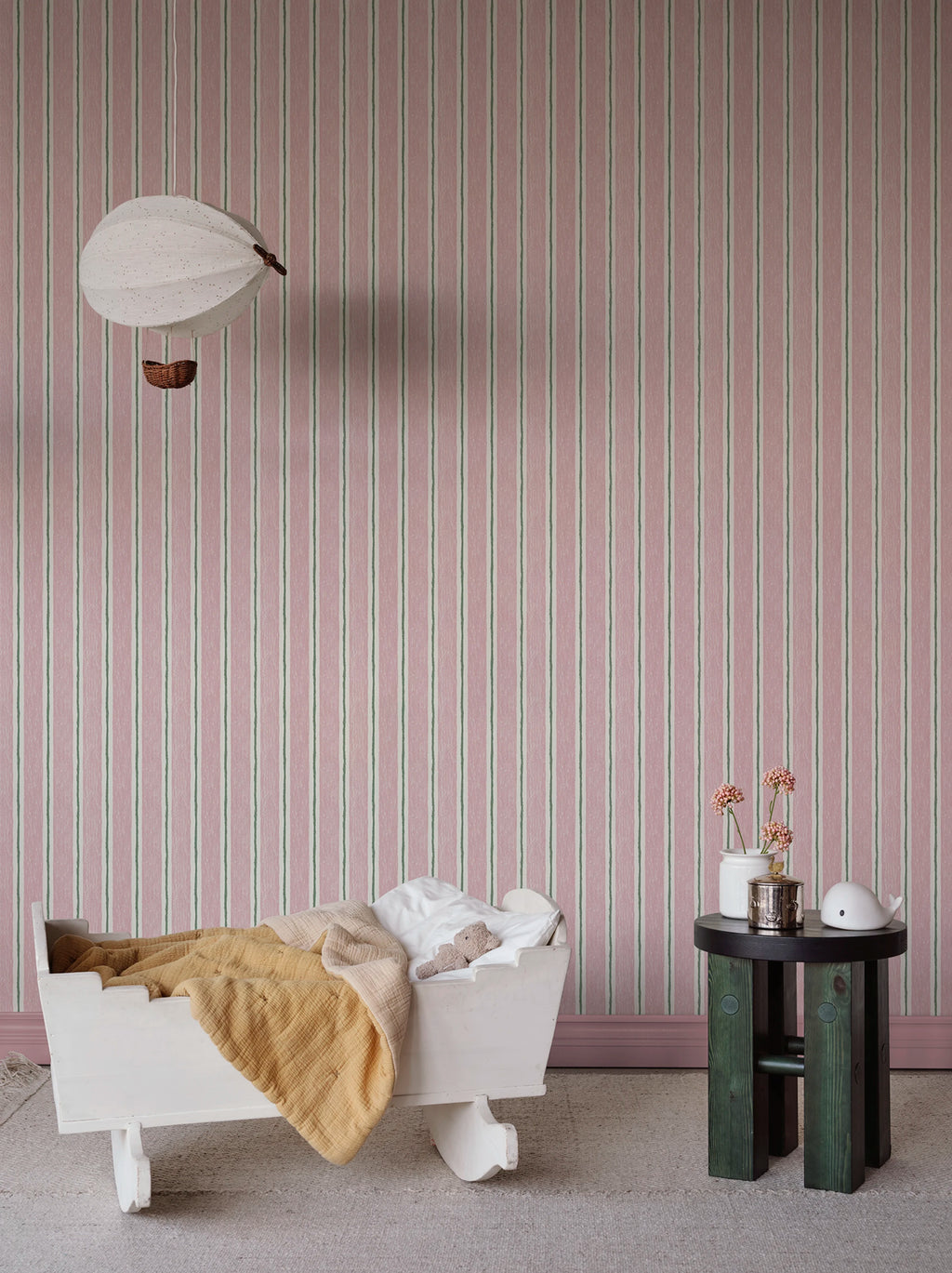 Albin wallpaper by Sandberg – stripe design, Pink – styled in a room setting, view 10