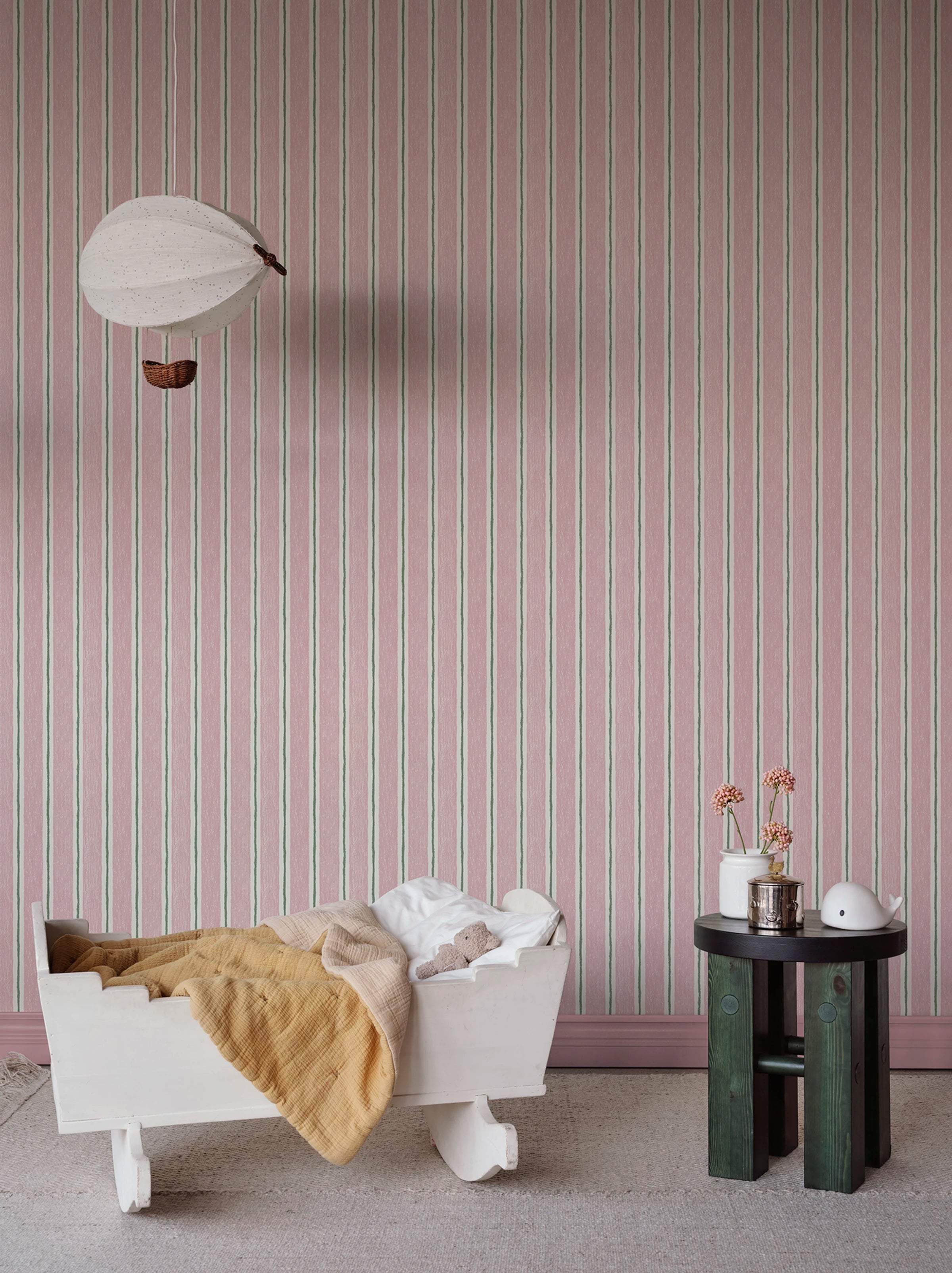 Albin wallpaper by Sandberg – stripe design, Pink – styled in a room setting, view 10