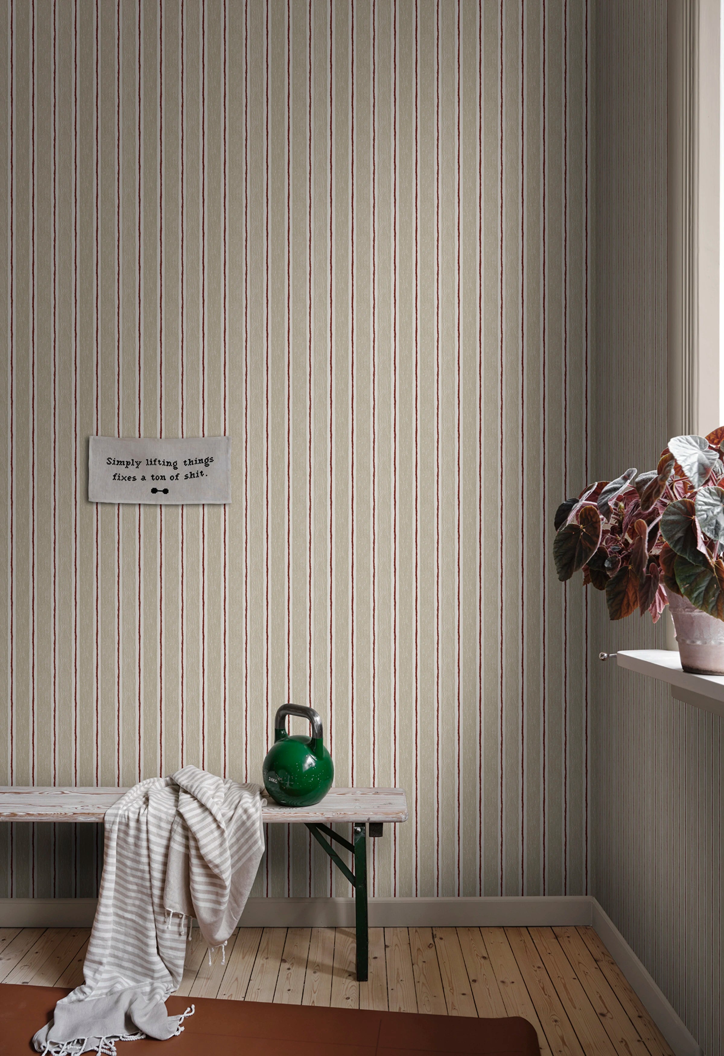 Albin wallpaper by Sandberg – stripe design, Beige – styled in a room setting, view 2