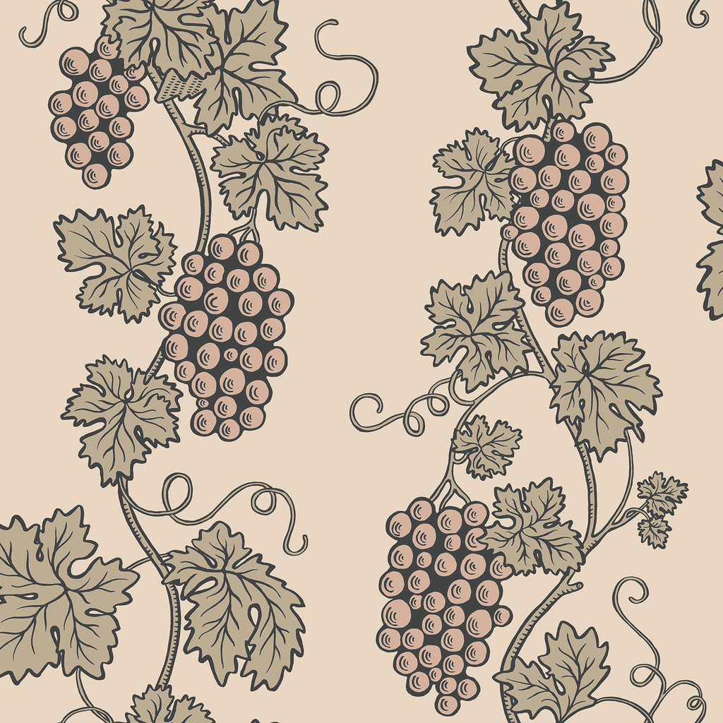 Carla wallpaper by Sandberg, flat swatch of grapevine motif in olive-green leaves with dusky-pink grapes on charcoal stripes over cream