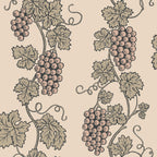 Carla wallpaper by Sandberg, flat swatch of grapevine motif in olive-green leaves with dusky-pink grapes on charcoal stripes over cream