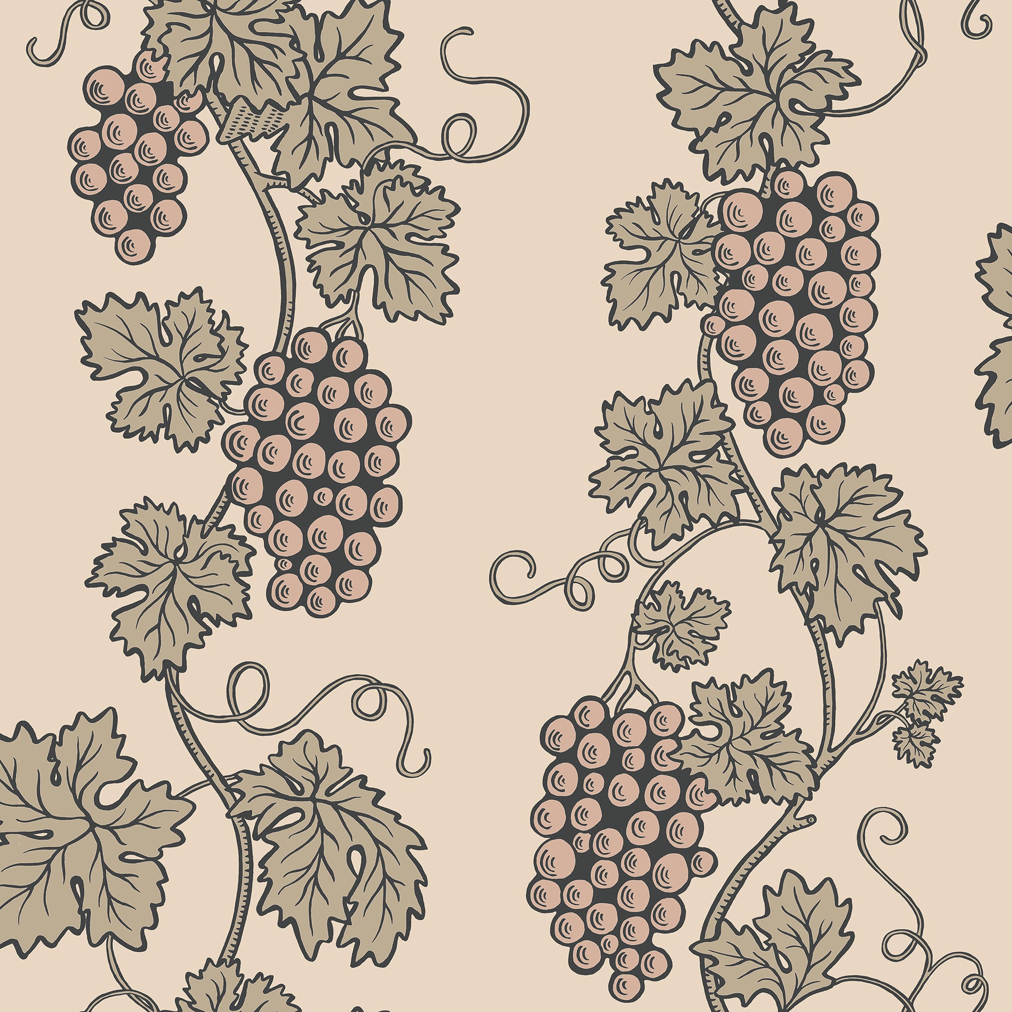 Carla wallpaper by Sandberg, flat swatch of grapevine motif in olive-green leaves with dusky-pink grapes on charcoal stripes over cream