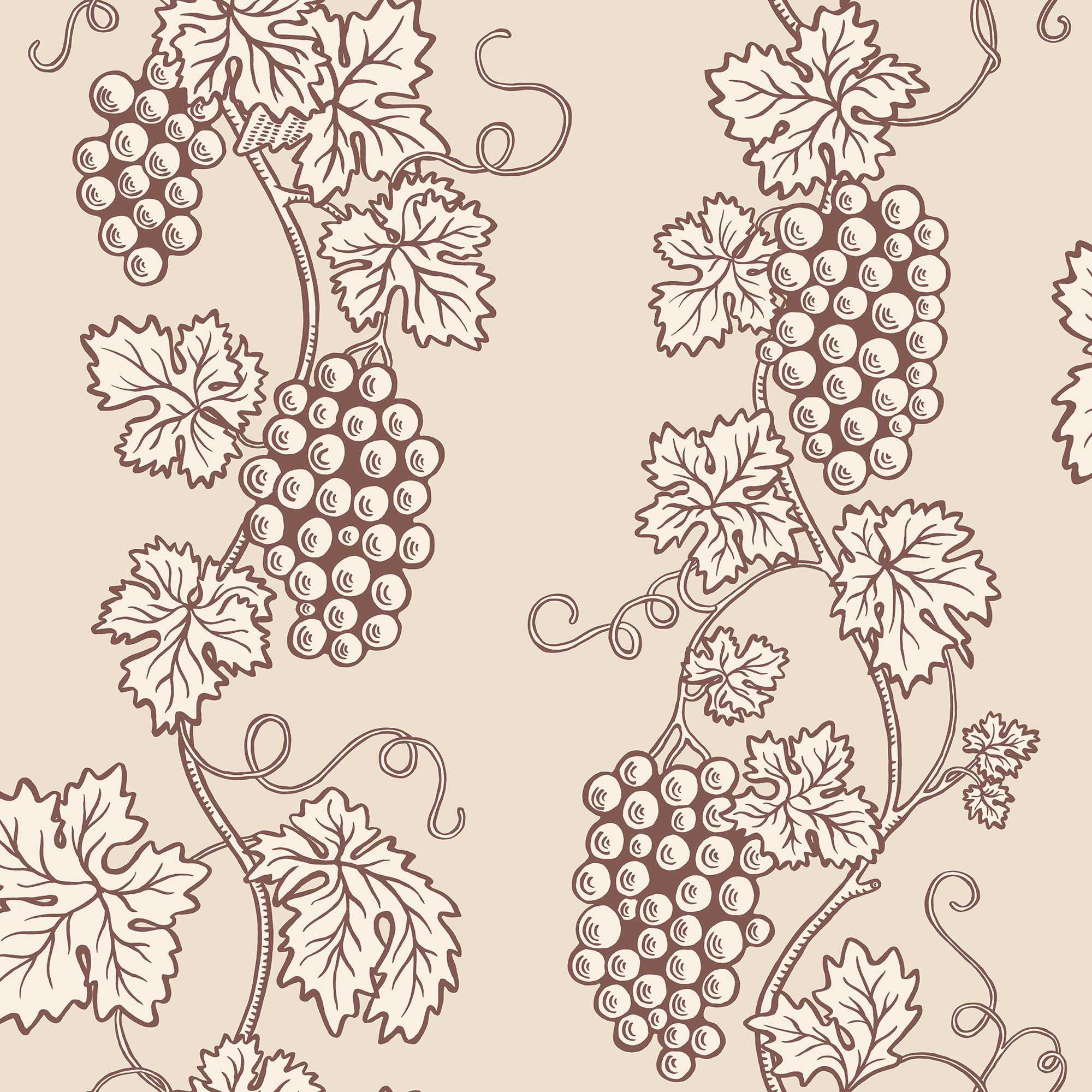 Carla wallpaper by Sandberg, flat swatch of trailing grapevines with grape clusters and leaves in deep red on cream