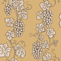 Carla wallpaper by Sandberg, flat swatch of grapevine and grape-cluster design in cream and brown on a golden mustard ground