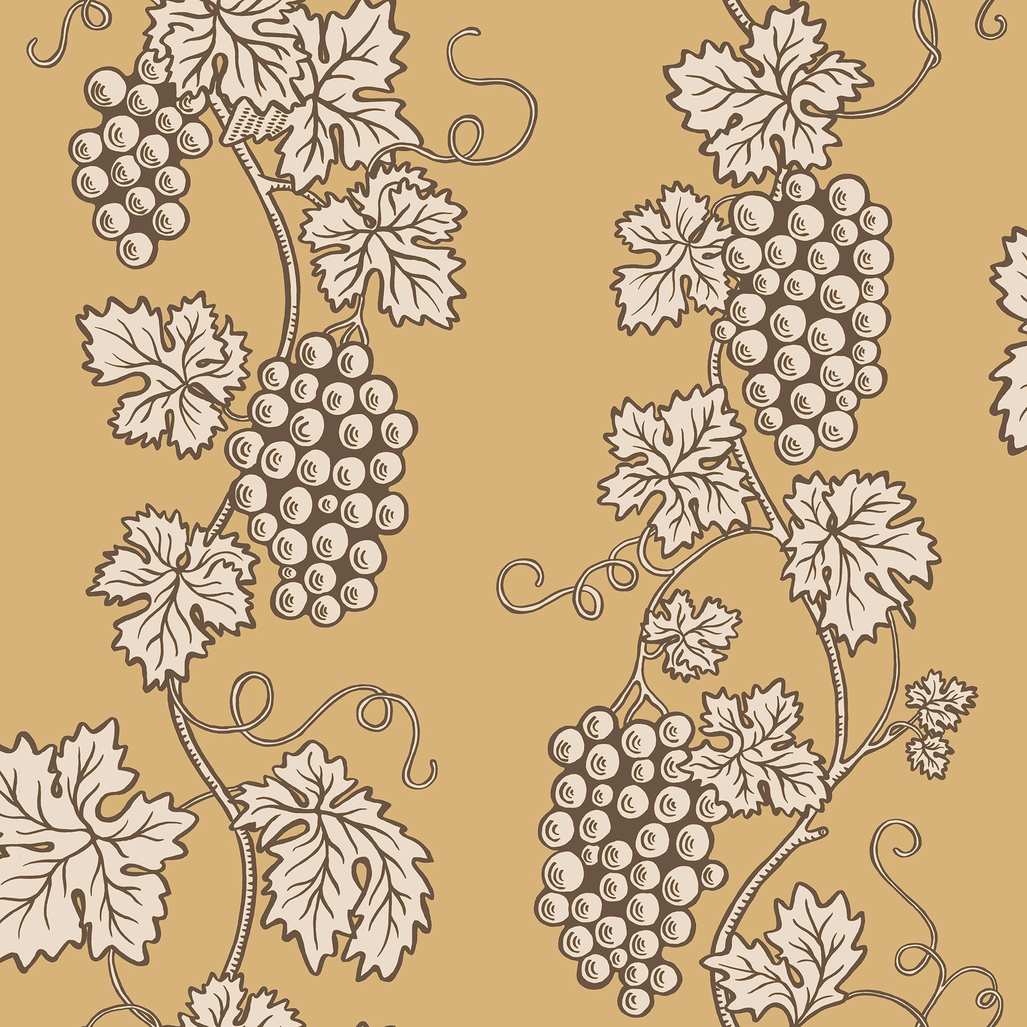 Carla wallpaper by Sandberg, flat swatch of grapevine and grape-cluster design in cream and brown on a golden mustard ground