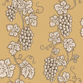 Carla wallpaper by Sandberg, flat swatch of grapevine and grape-cluster design in cream and brown on a golden mustard ground