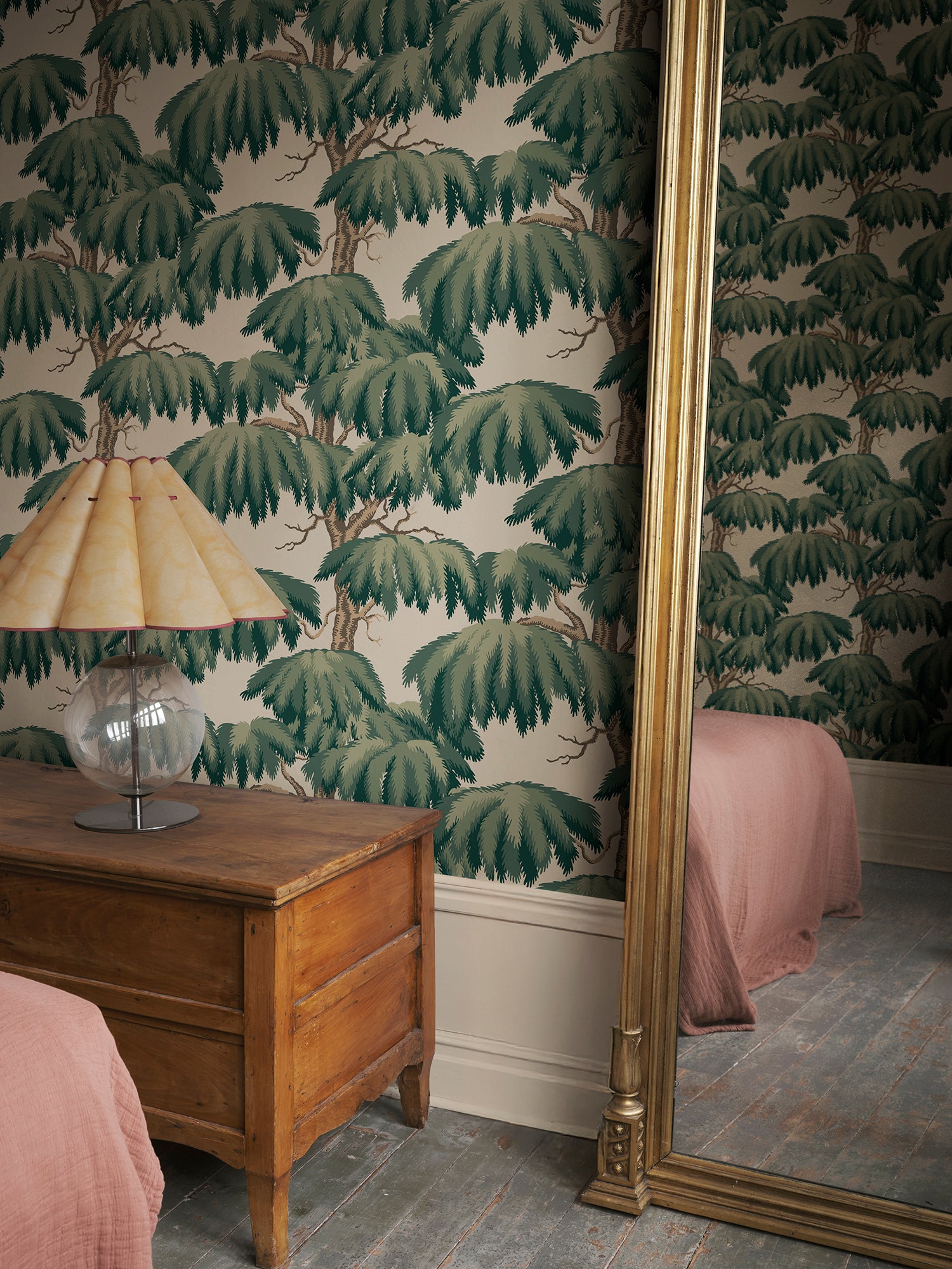 Alba wallpaper by Sandberg in Emerald, styled on an interior wall