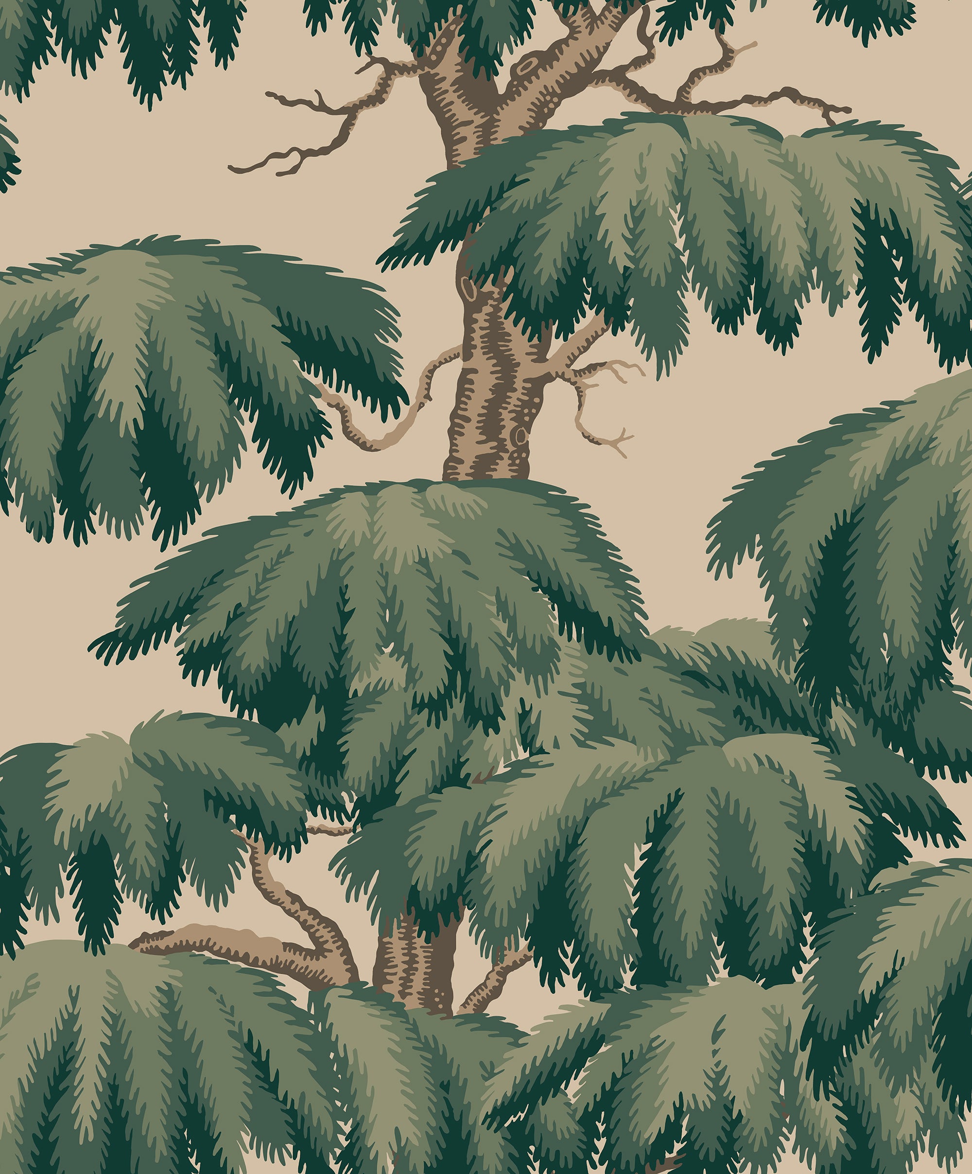 Alba wallpaper by Sandberg, flat swatch of the weeping willow tree design in deep forest green on a warm beige ground