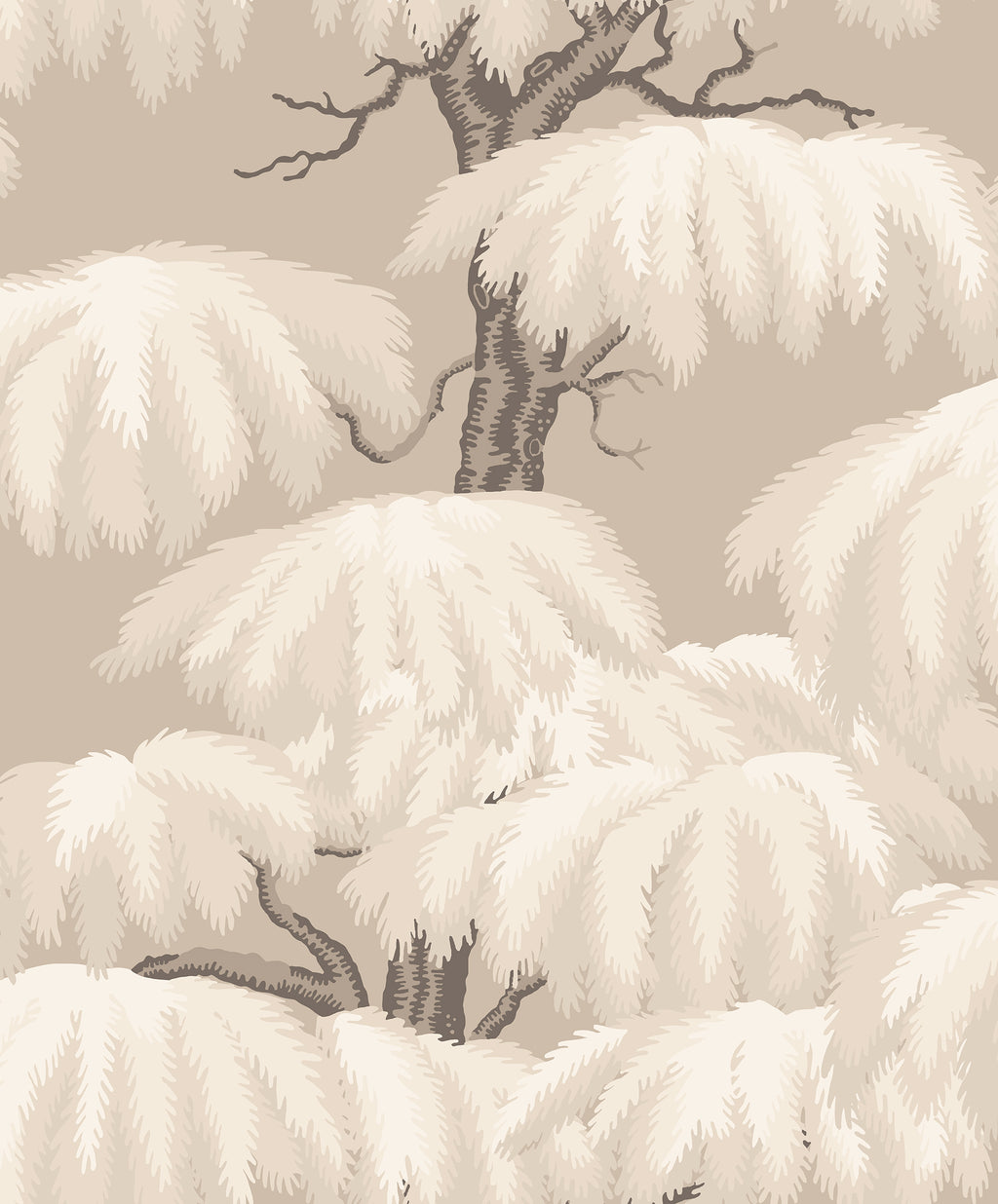 Alba wallpaper by Sandberg, flat swatch of layered weeping willow trees in soft taupe and cream tones