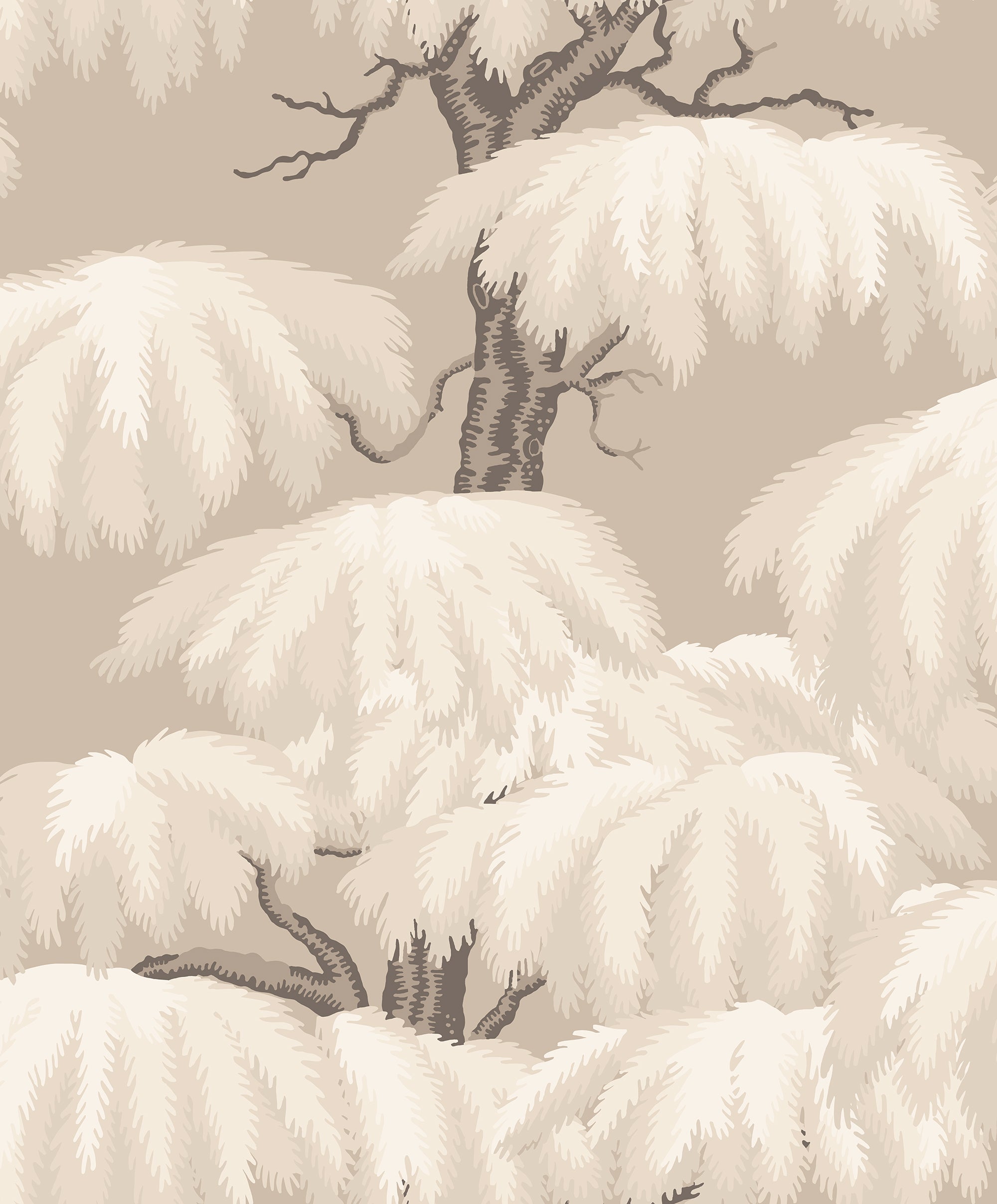 Alba wallpaper by Sandberg, flat swatch of layered weeping willow trees in soft taupe and cream tones