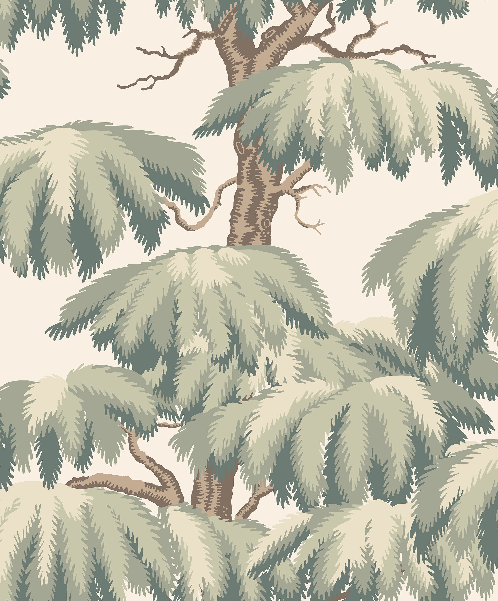 Alba wallpaper by Sandberg, flat swatch of the willow tree design in soft sage green on cream