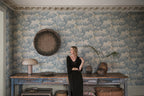 Alba wallpaper by Sandberg in Light Blue, styled on an interior wall