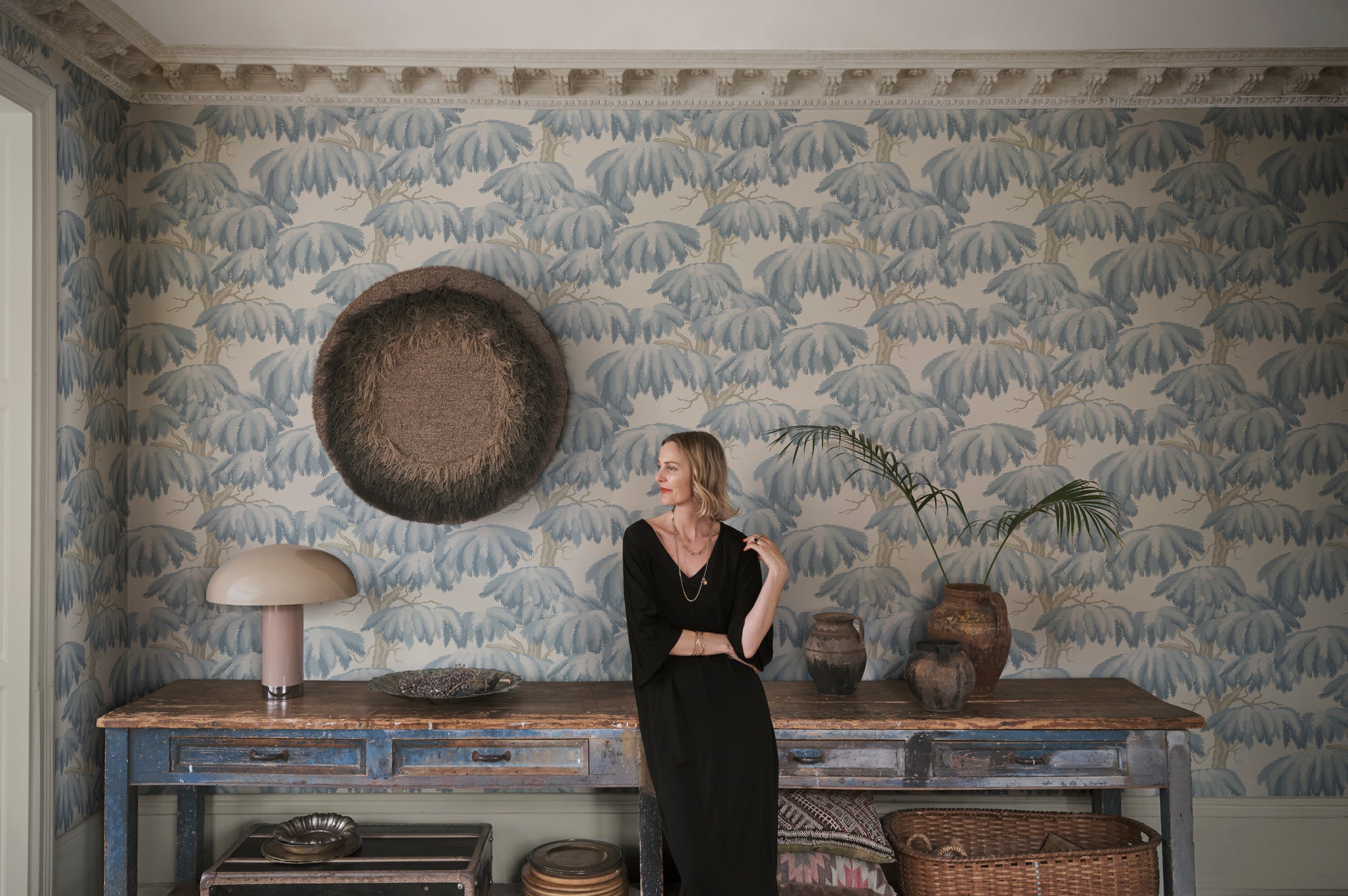 Alba wallpaper by Sandberg in Light Blue, styled on an interior wall