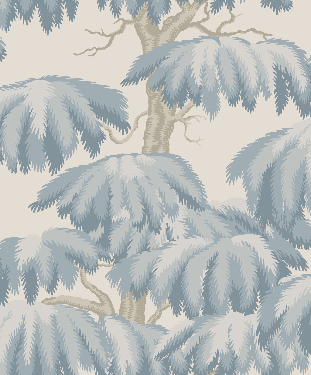 Alba wallpaper by Sandberg, flat swatch of the willow tree design in dusty pale blue on a light grey ground