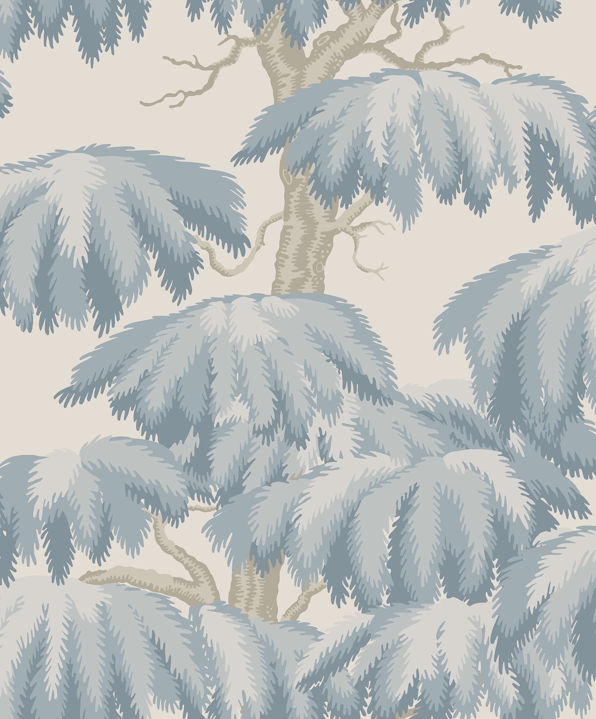 Alba wallpaper by Sandberg, flat swatch of the willow tree design in dusty pale blue on a light grey ground