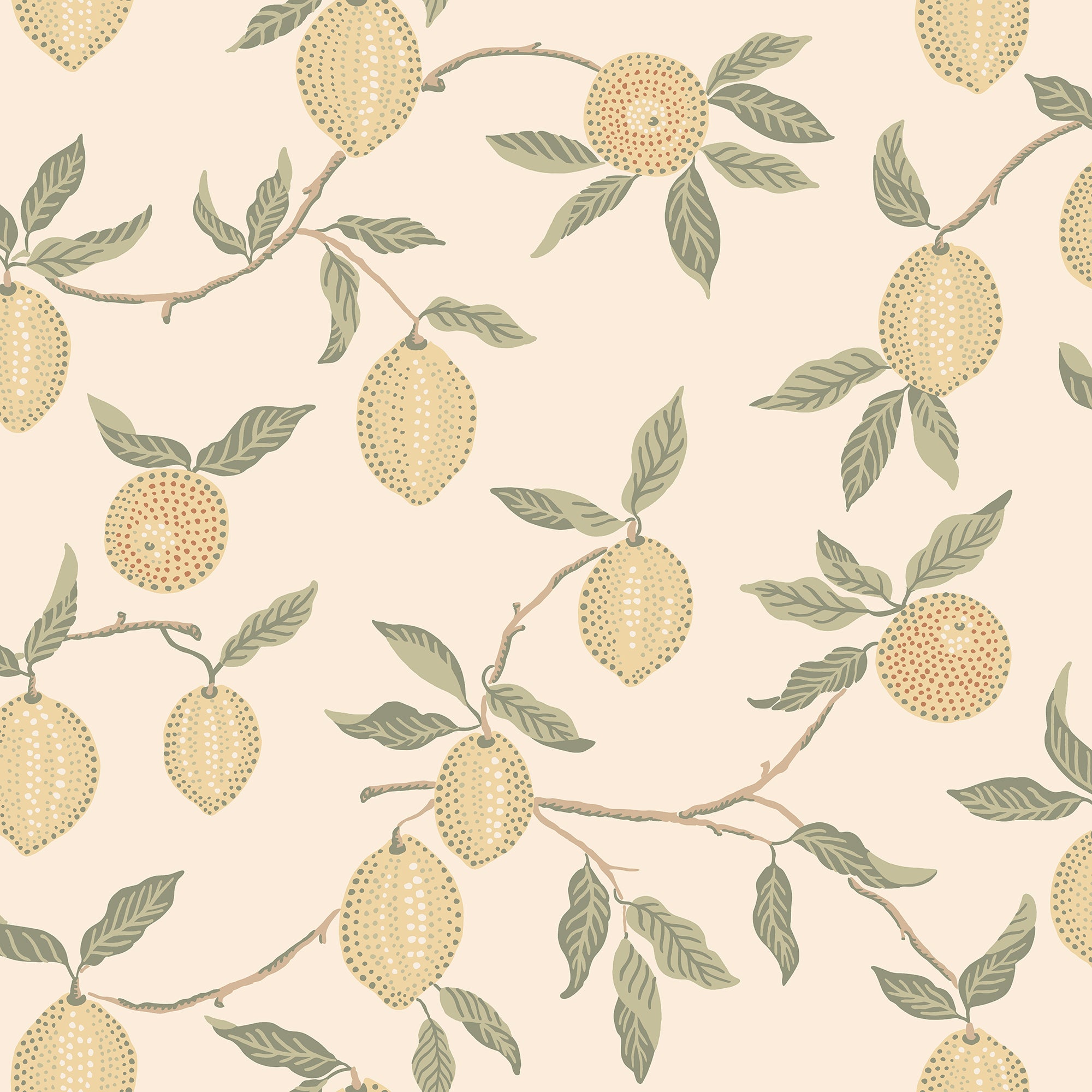 Limone wallpaper by Sandberg, flat swatch of the lemon-branch design in soft yellow and sage green on cream