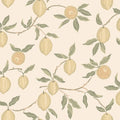 Limone wallpaper by Sandberg, flat swatch of the lemon-branch design in soft yellow and sage green on cream