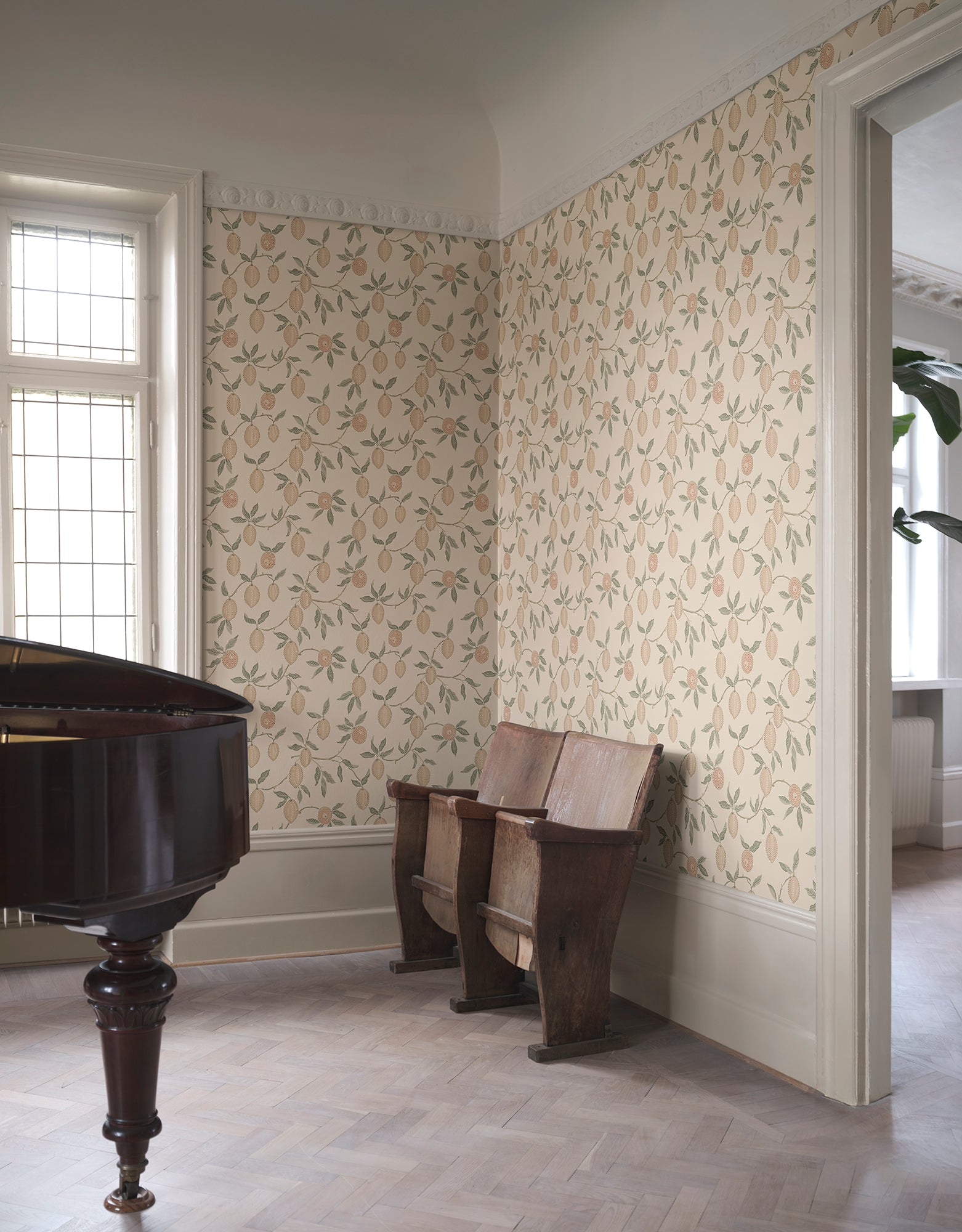 Limone lemon wallpaper by Sandberg in pale cream wrapping a corner, antique grand piano and timber theatre seats on herringbone floor
