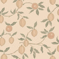 Limone wallpaper by Sandberg, flat swatch of trailing lemon branches with green leaves and blush-toned citrus on a cream ground