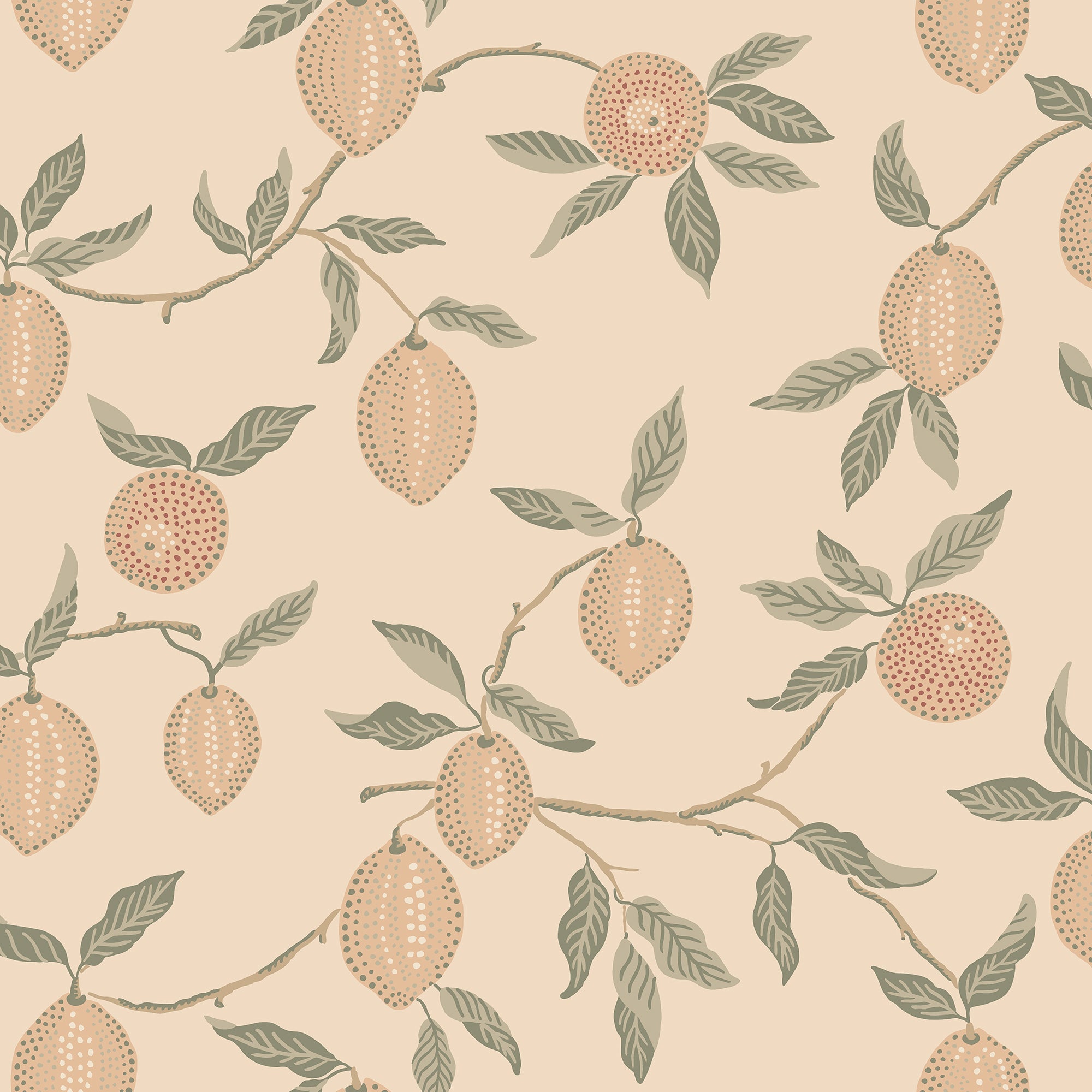 Limone wallpaper by Sandberg, flat swatch of trailing lemon branches with green leaves and blush-toned citrus on a cream ground
