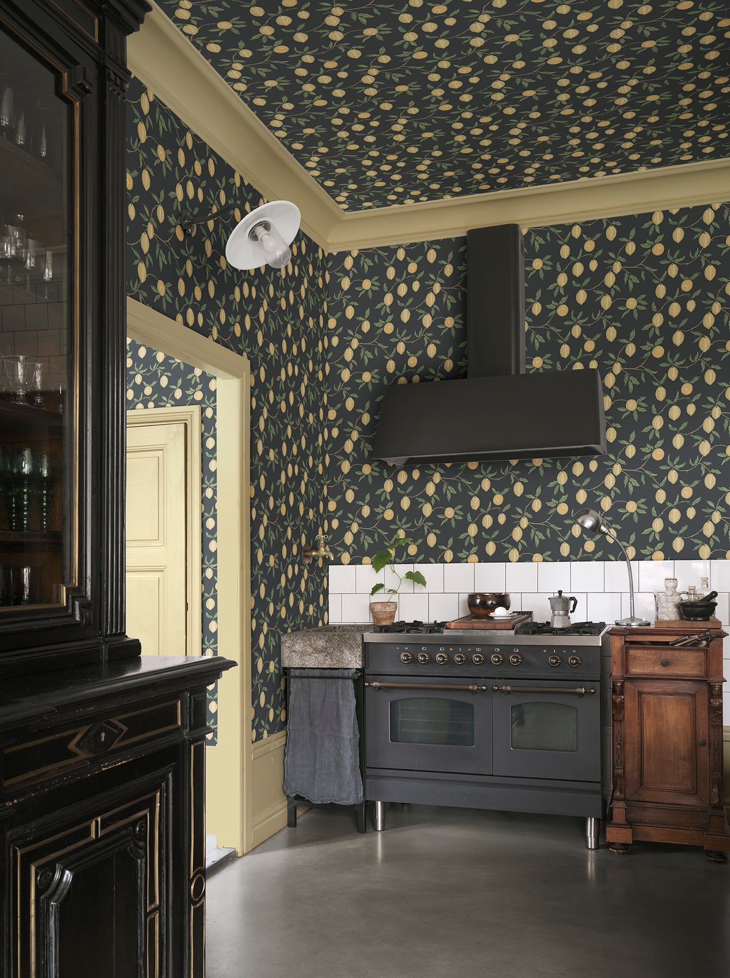 Limone wallpaper by Sandberg in Charcoal, styled on an interior wall