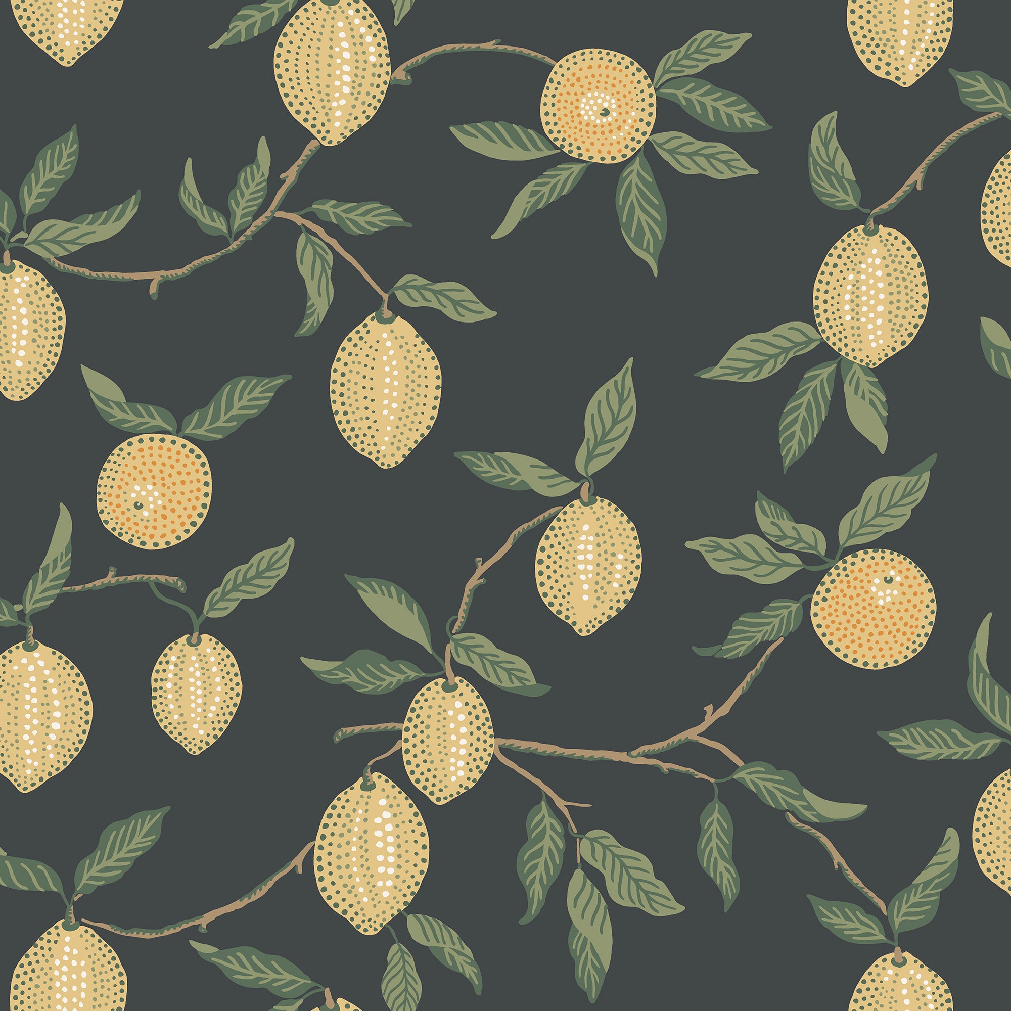 Limone wallpaper by Sandberg, flat swatch of the lemon-branch design in yellow and green on a dark slate background