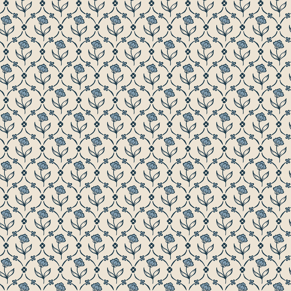 Elena wallpaper by Sandberg, flat swatch of a small trellised ditsy floral in blue on a cream ground