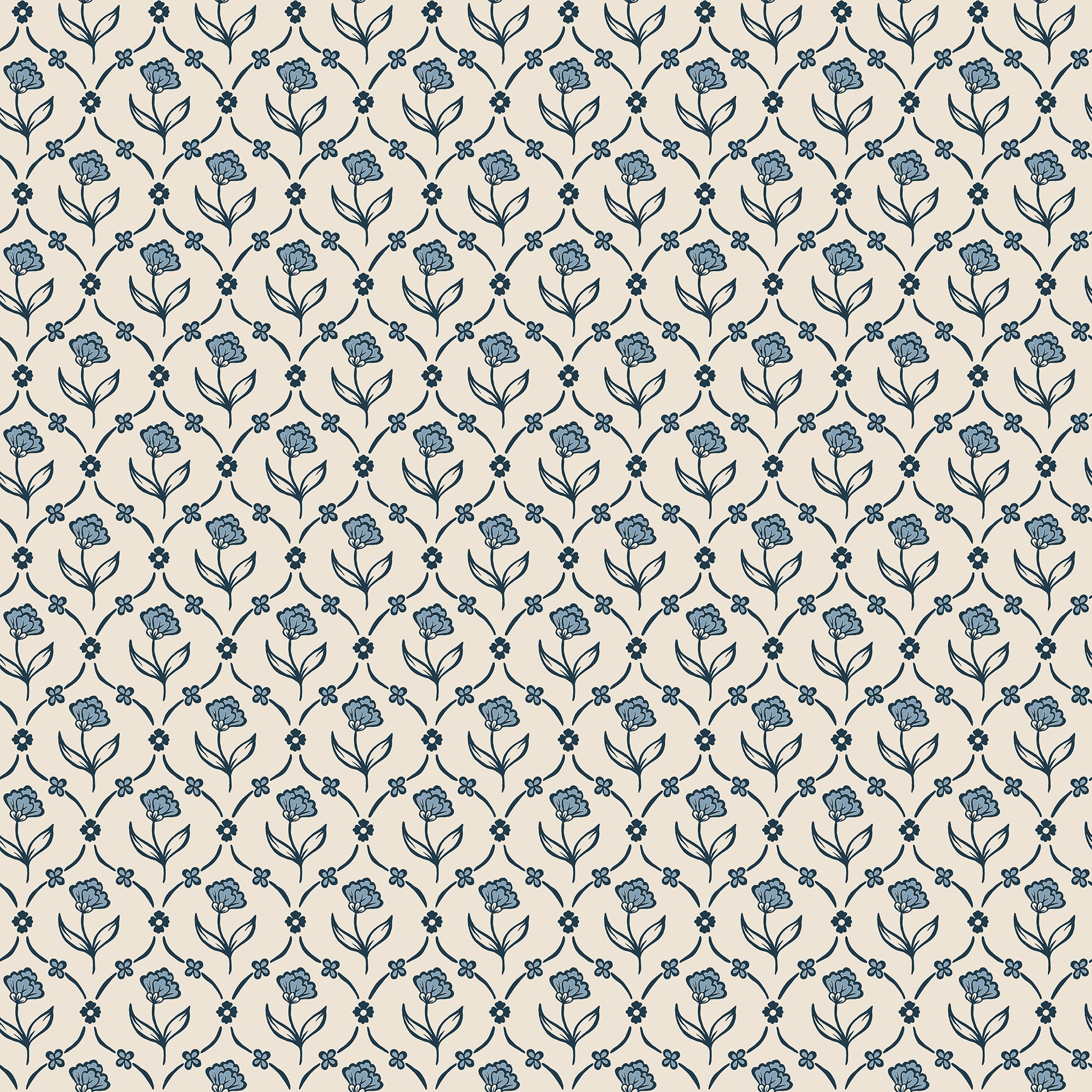 Elena wallpaper by Sandberg, flat swatch of a small trellised ditsy floral in blue on a cream ground