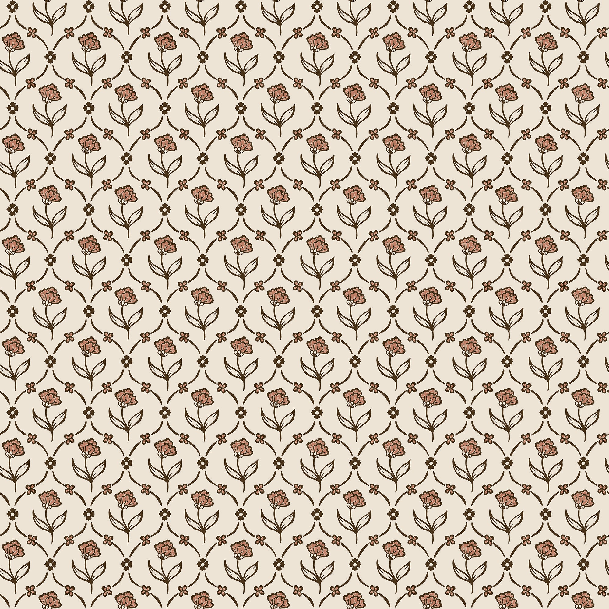 Elena wallpaper by Sandberg, flat swatch of the small ditsy floral in terracotta and brown on cream