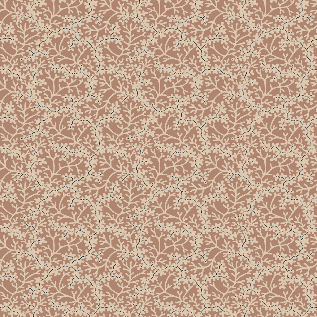 Coral wallpaper by Sandberg, flat swatch of an ivory coral-branch pattern on a terracotta-clay ground