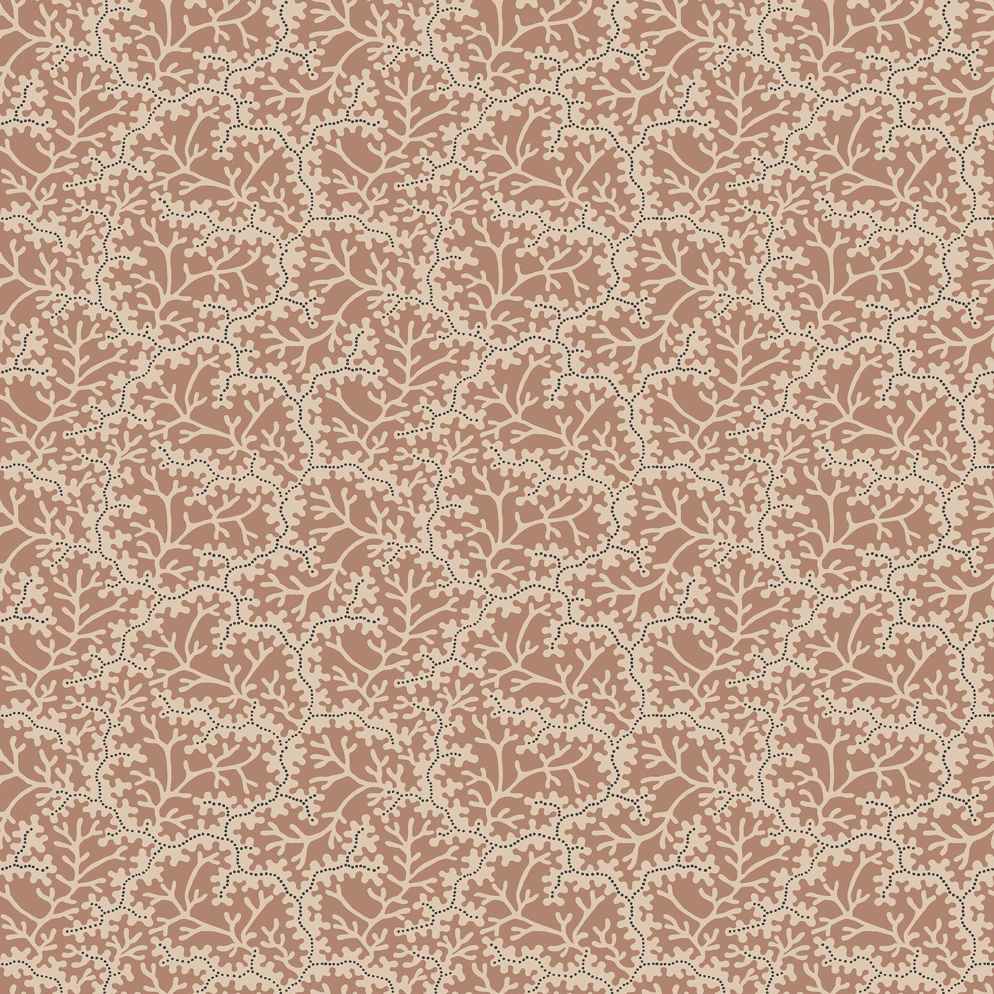 Coral wallpaper by Sandberg, flat swatch of an ivory coral-branch pattern on a terracotta-clay ground