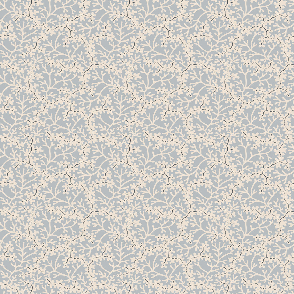 Coral wallpaper by Sandberg, flat swatch of an ivory coral-branch and dotted-sprig pattern on a soft blue ground