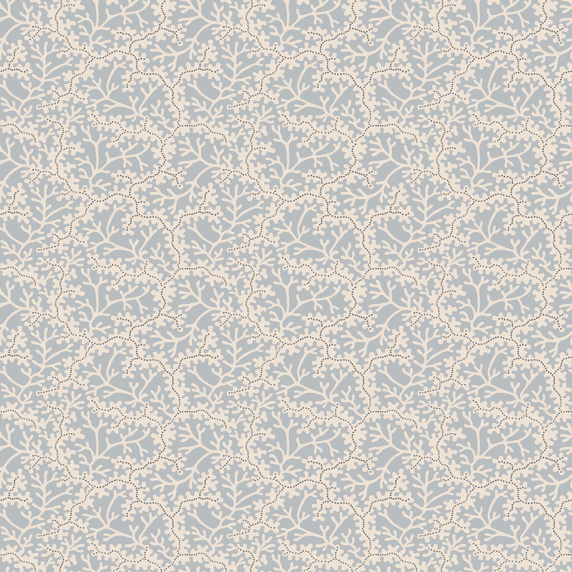 Coral wallpaper by Sandberg, flat swatch of an ivory coral-branch and dotted-sprig pattern on a soft blue ground