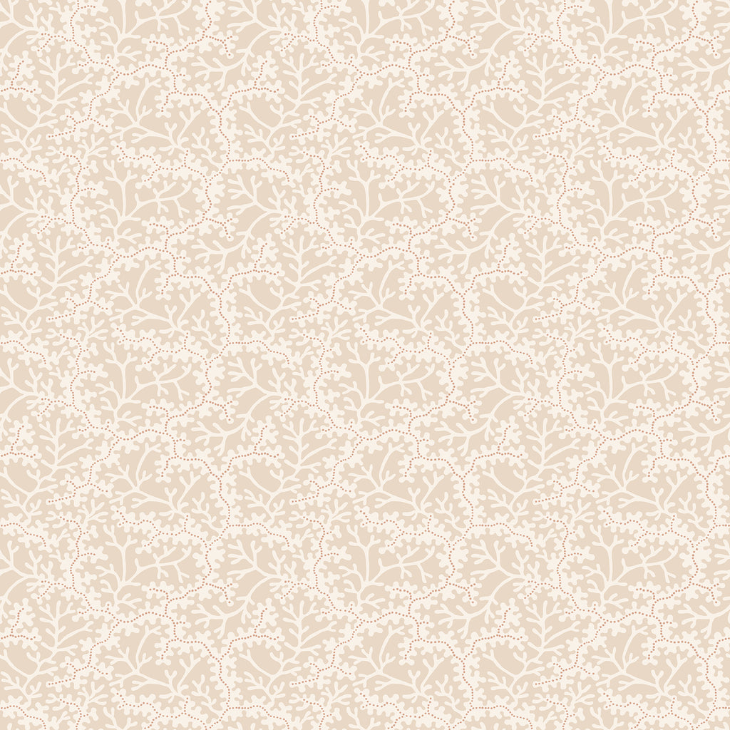 Coral wallpaper by Sandberg, flat swatch of a delicate ivory coral-branch and dotted-sprig pattern on a soft beige ground