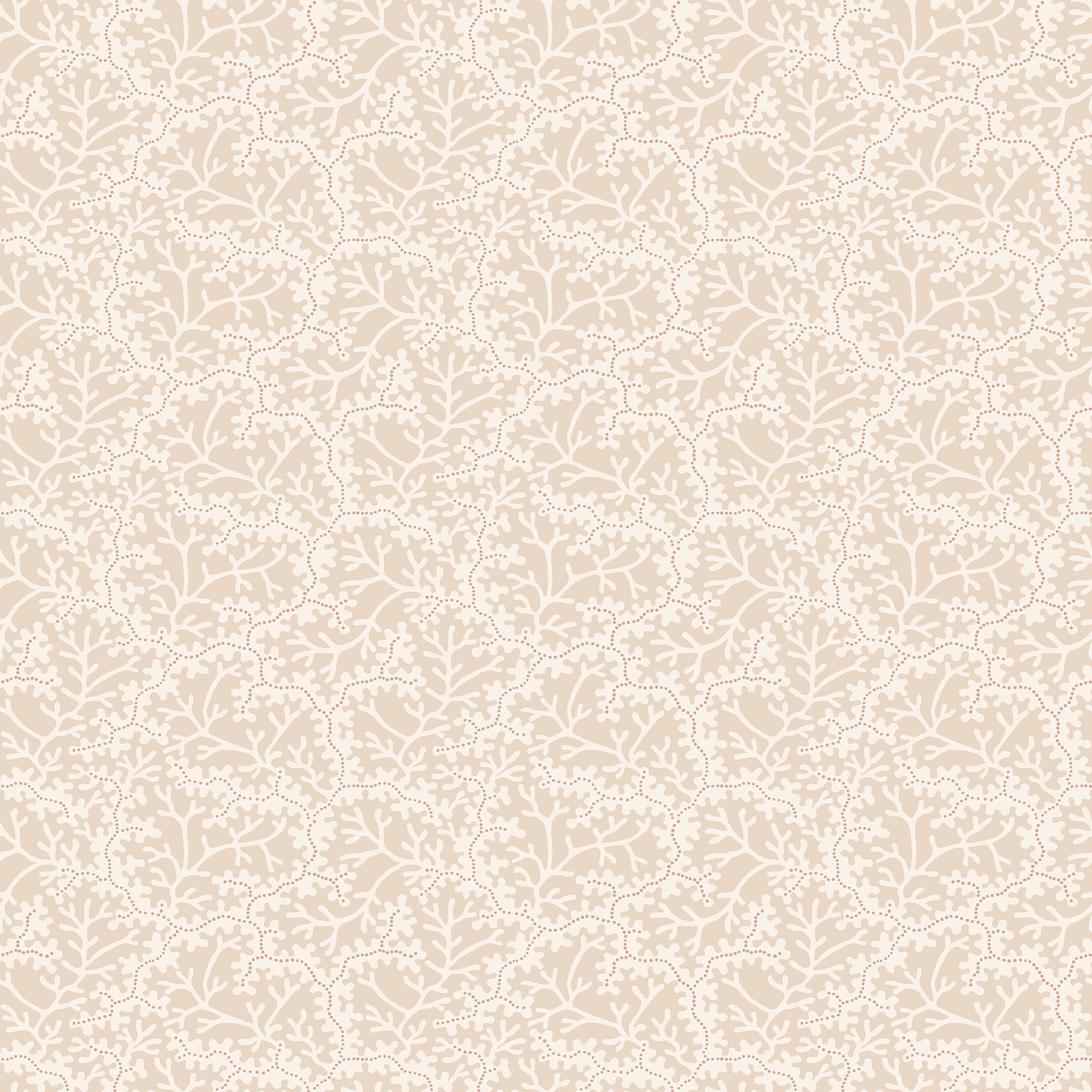 Coral wallpaper by Sandberg, flat swatch of a delicate ivory coral-branch and dotted-sprig pattern on a soft beige ground