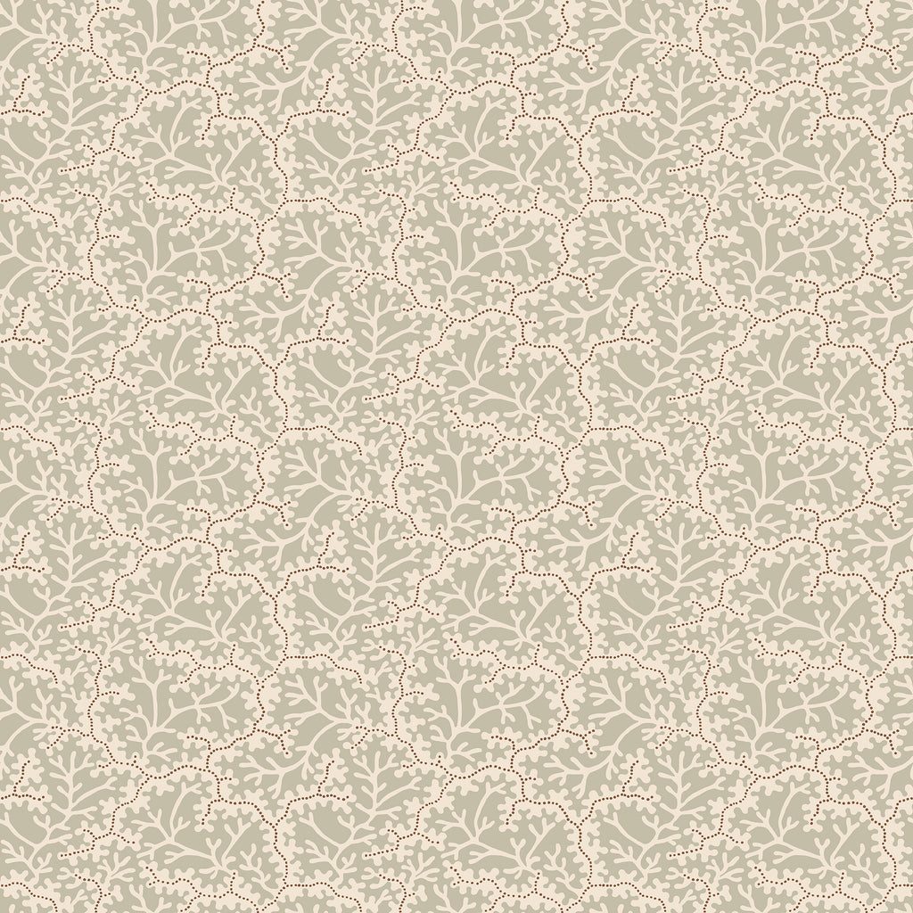 Coral wallpaper by Sandberg, flat swatch of an ivory coral-branch pattern on a sage-green ground
