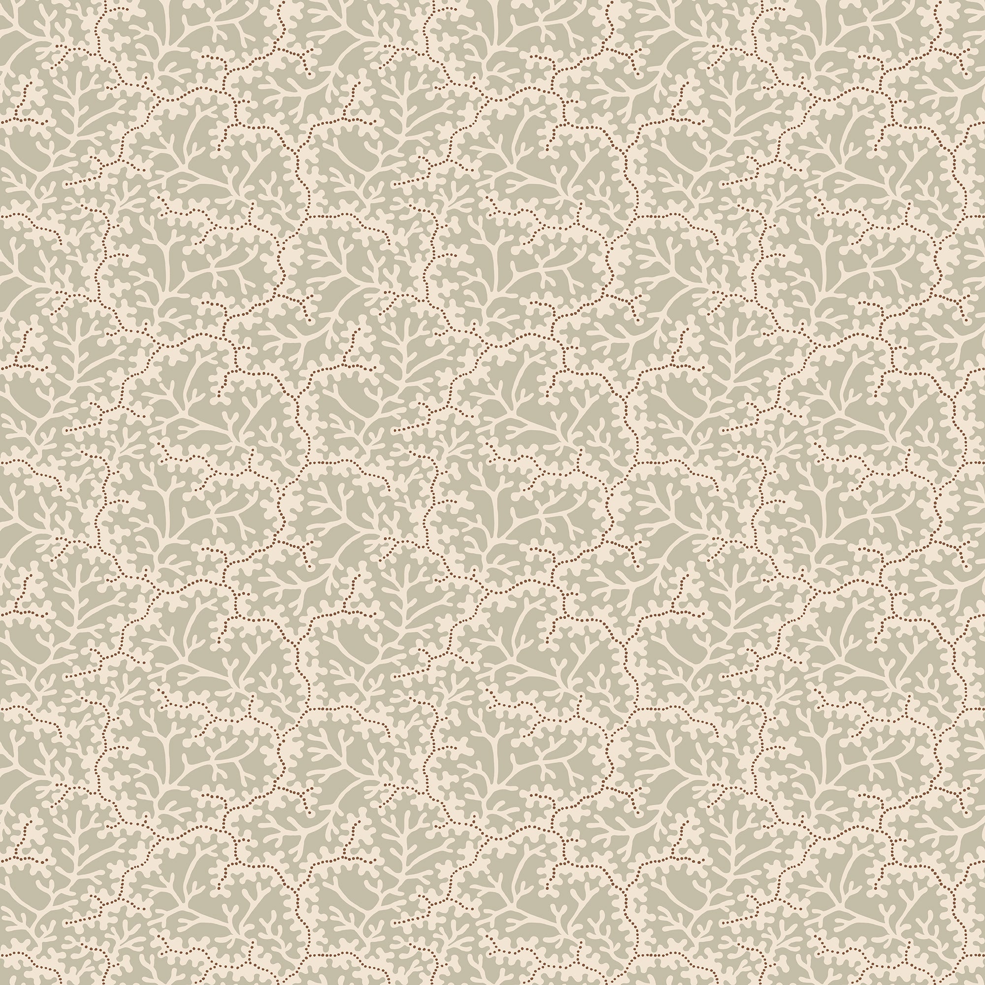 Coral wallpaper by Sandberg, flat swatch of an ivory coral-branch pattern on a sage-green ground