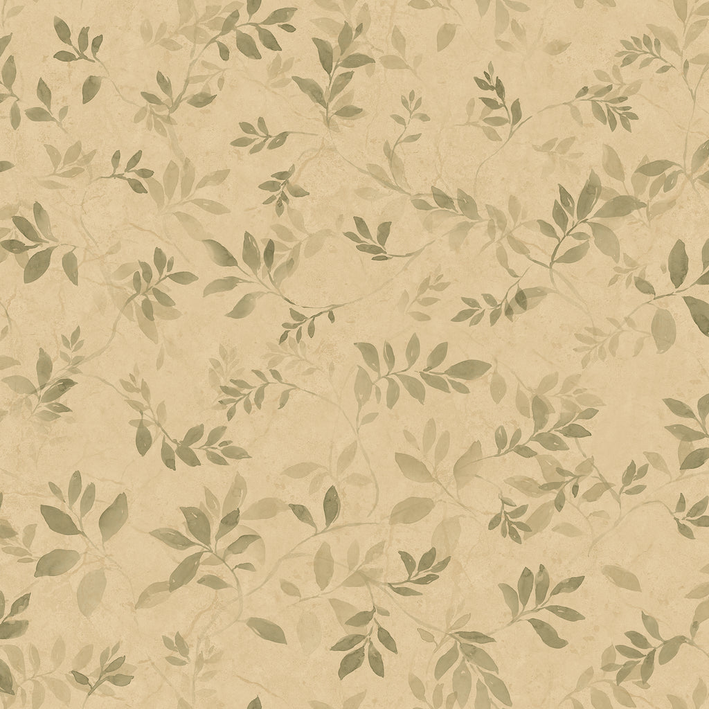 Mila wallpaper by Sandberg, flat swatch of the watercolour leaf sprig pattern in soft green on a warm sand ground