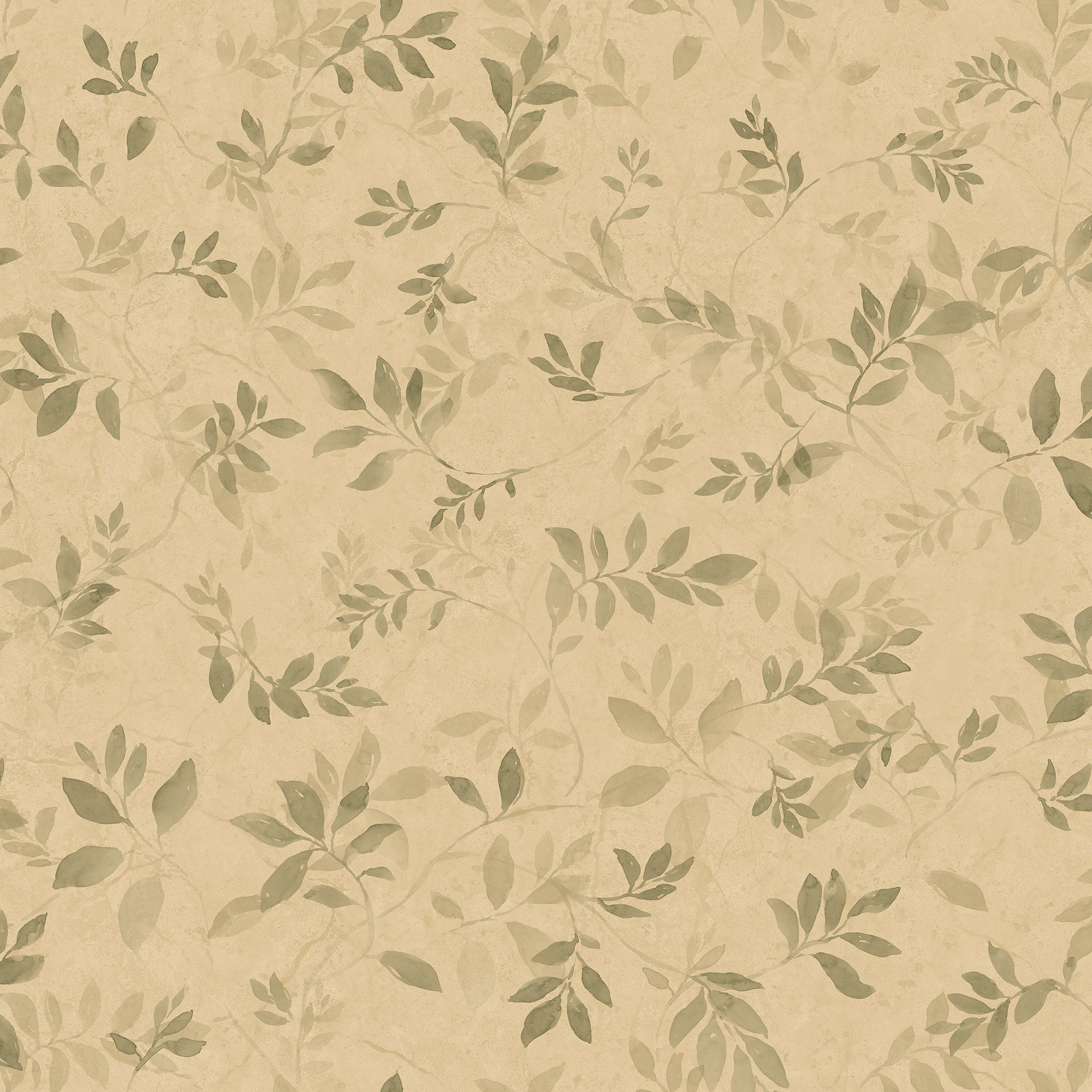 Mila wallpaper by Sandberg, flat swatch of the watercolour leaf sprig pattern in soft green on a warm sand ground