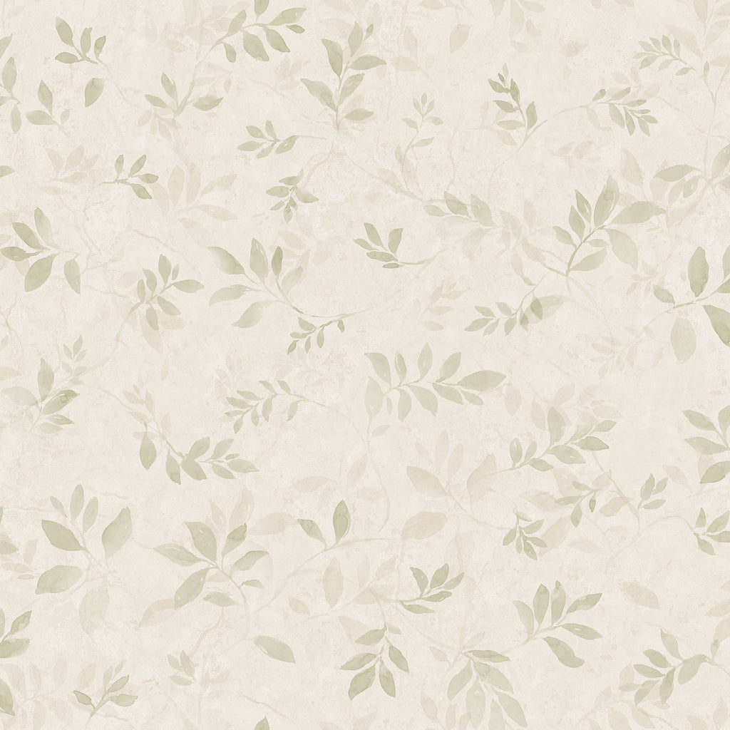 Mila wallpaper by Sandberg, flat swatch of the watercolour leaf sprig pattern in soft sage green on a greyish cream ground
