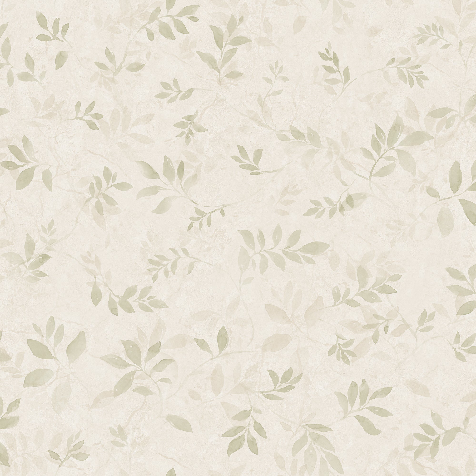 Mila wallpaper by Sandberg, flat swatch of the watercolour leaf sprig pattern in soft sage green on a greyish cream ground