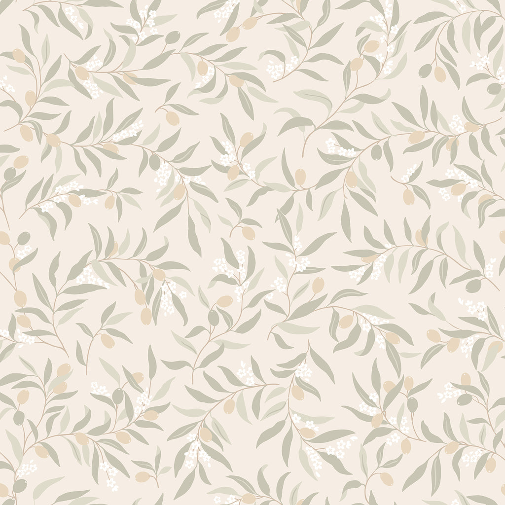 Olivia wallpaper by Sandberg, flat swatch of soft sage olive leaves and tan olives with white blossoms on a cream ground