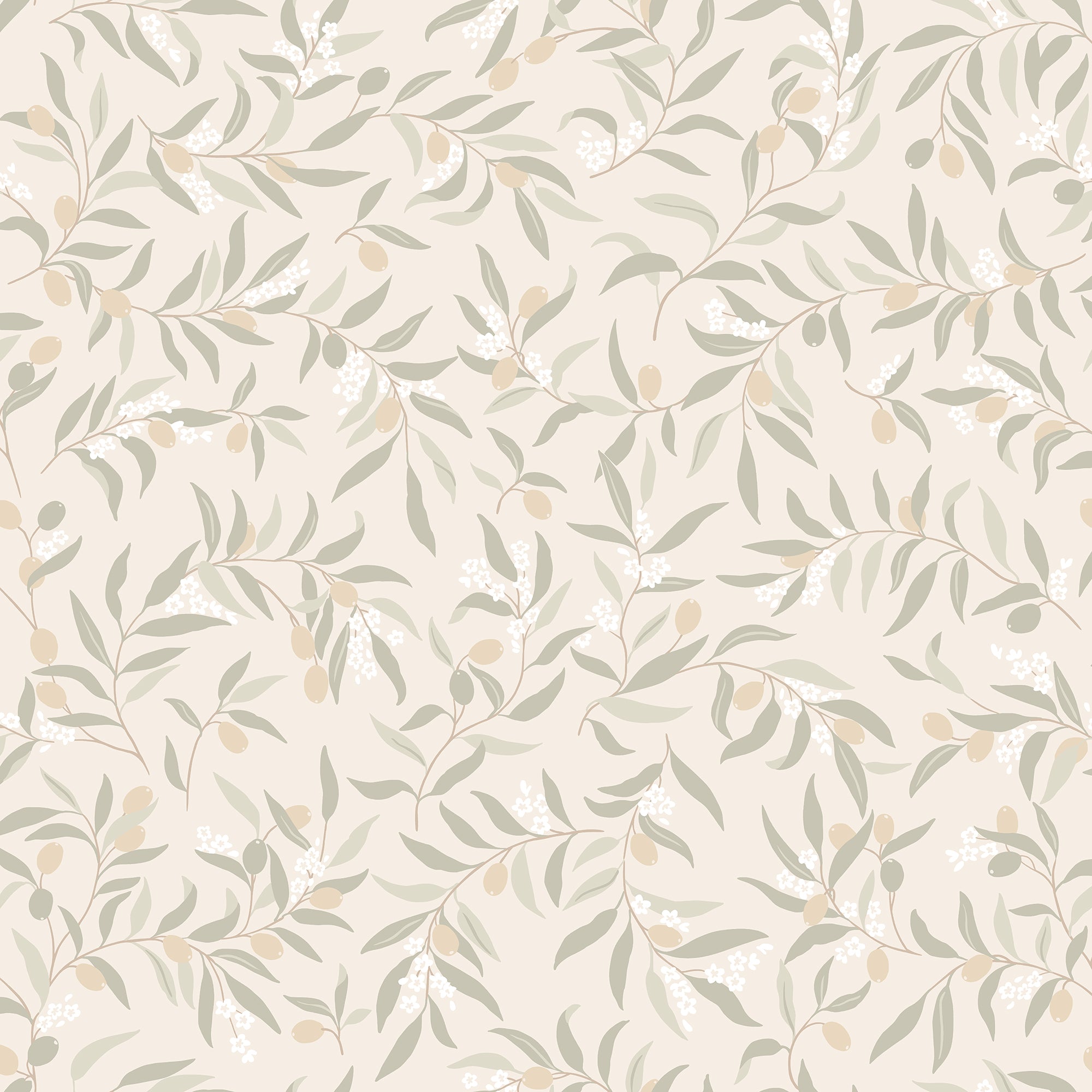 Olivia wallpaper by Sandberg, flat swatch of soft sage olive leaves and tan olives with white blossoms on a cream ground