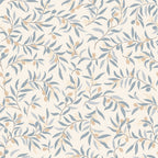 Olivia wallpaper by Sandberg, flat swatch of dusty-blue olive leaves and tan olives on a cream ground