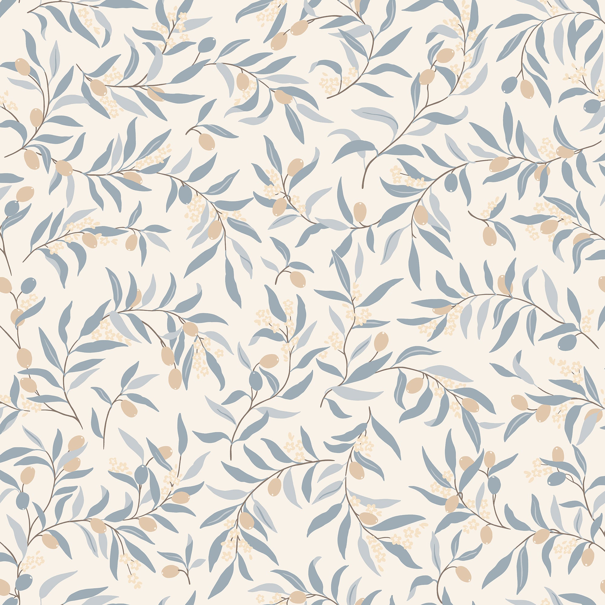 Olivia wallpaper by Sandberg, flat swatch of dusty-blue olive leaves and tan olives on a cream ground