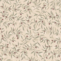 Olivia wallpaper by Sandberg, flat swatch of sage leaves and burgundy olives with white blossoms on a warm beige ground