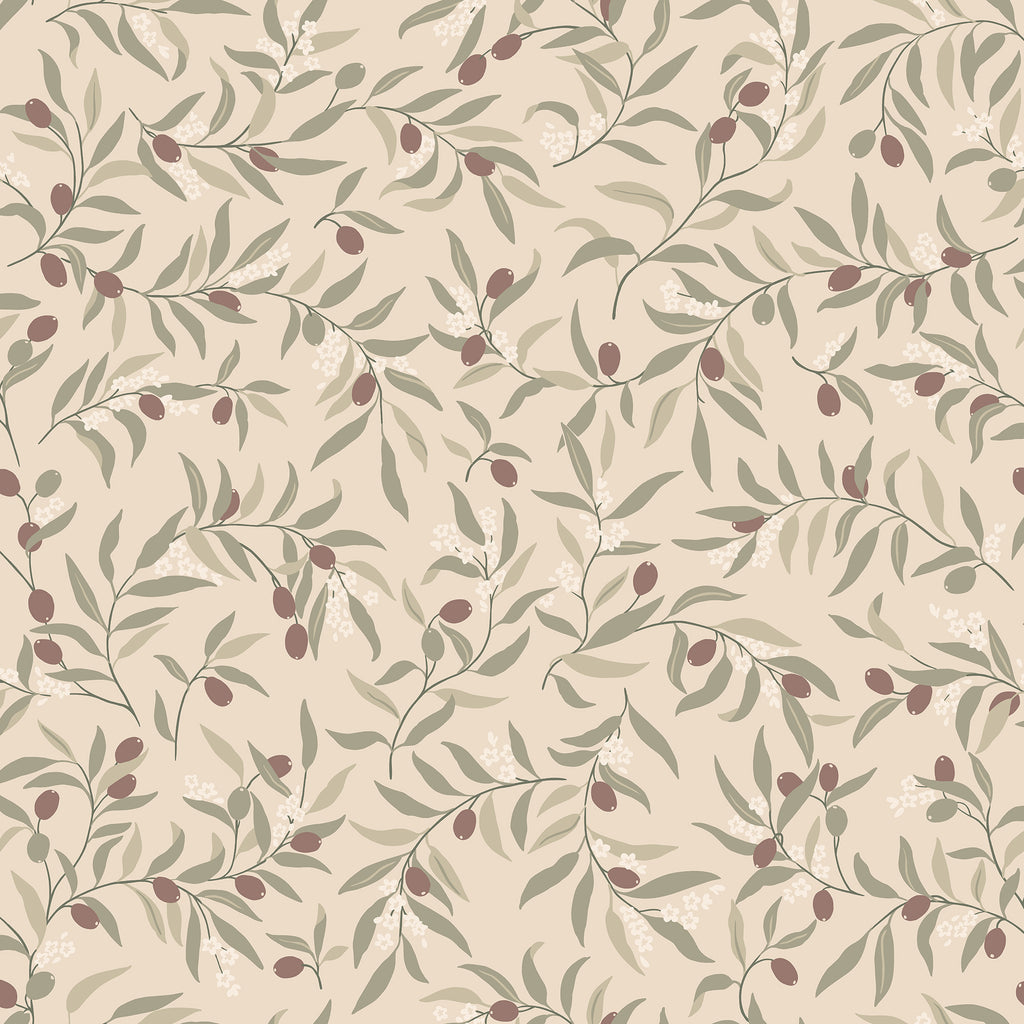 Olivia wallpaper by Sandberg, flat swatch of sage leaves and burgundy olives with white blossoms on a warm beige ground